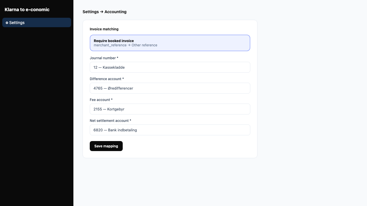 Settings Accounting tab with journal and account mapping