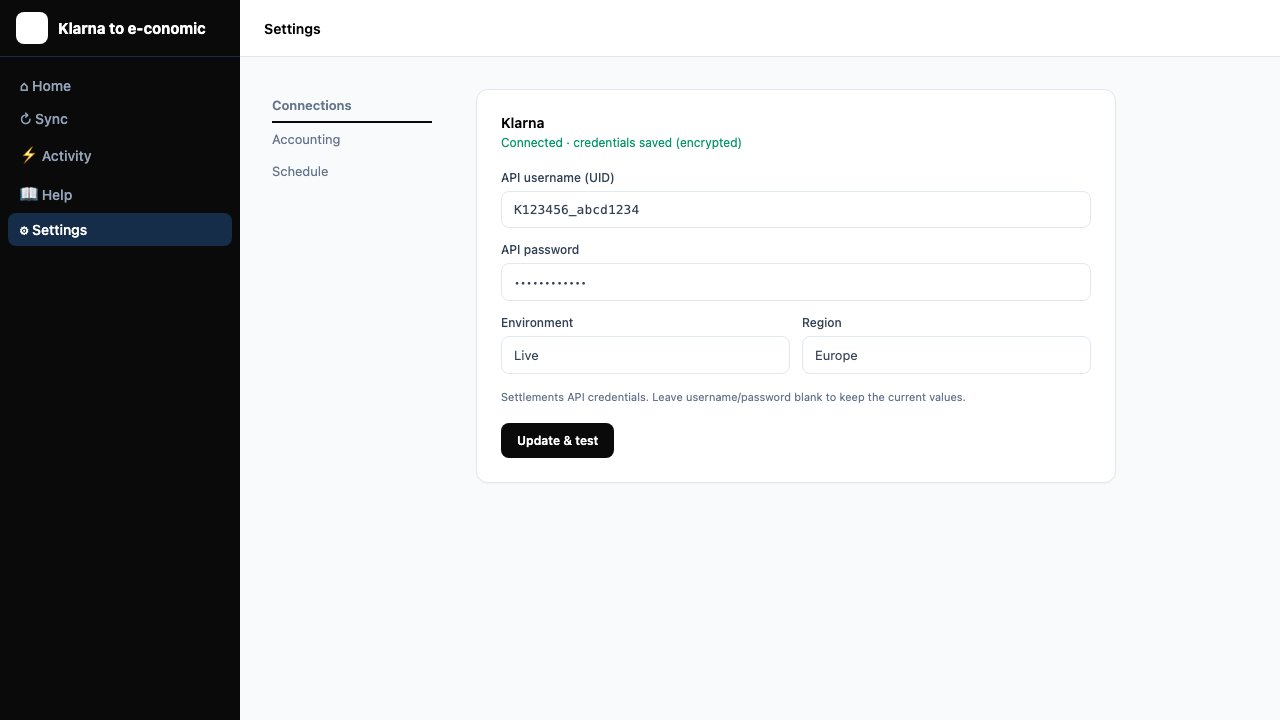 Settings Connections tab with Klarna credentials