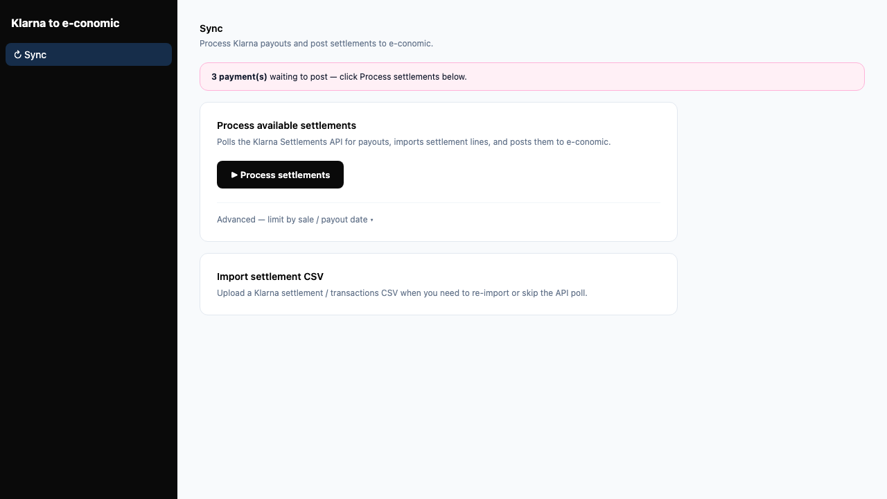 Sync page with Process settlements button and CSV import